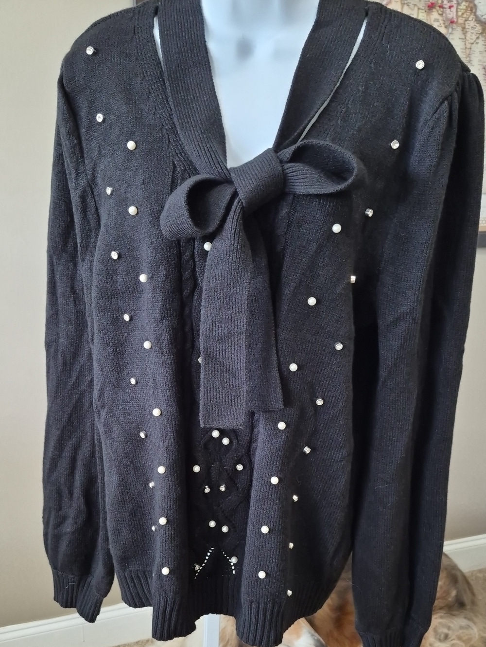 New York & Company Black Bow-Front Sweater with Faux Pearl Trim Size XL